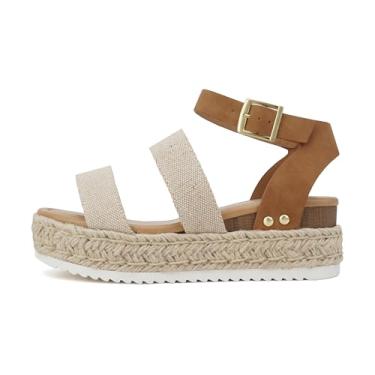 Imagem de Soda Top Shoe Bryce bico aberto fivela tira no tornozelo alpargatas flatform Wedge Casual Sanda, Lona bege/marrom, 8.5 Wide