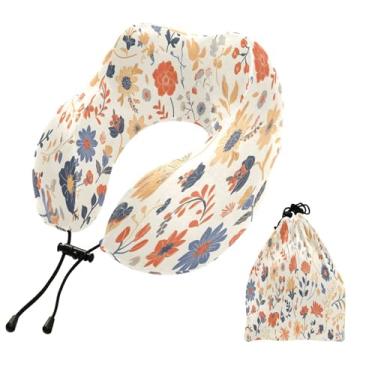 Imagem de CEBUGI Travesseiros de viagem portáteis em forma de U, travesseiro de pescoço de espuma viscoelástica com trava de corda ajustável para avião, viagem, trem, negócios, escritório, soneca (flor pequena)