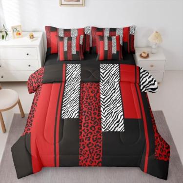 Imagem de Erosebridal Conjunto de cama solteiro com estampa de pele de chita zebra, preto, vermelho, adulto, 7 peças, estampa de leopardo, listras e lençóis, zebra, guepardo, pele de animal selvagem, conjunto