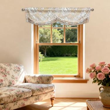 Imagem de Leeva Saia de janela floral vintage, parte superior de cortina plissada com bolso de haste texturizado de linho, estampa floral retrô para decoração de sala de estar, quarto, 132 x 35 cm, estilo
