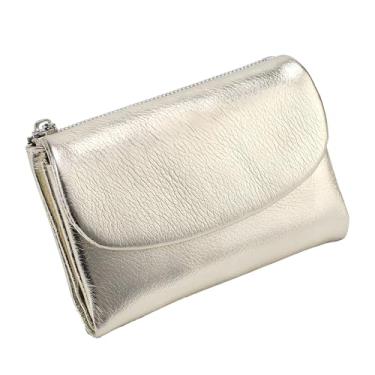 Imagem de Carteira unissex de couro seixo, porta-cartão de moeda de couro legítimo curto de 14 cm, bolsas de mão unissex, pode guardar moedas, cartões de identificação, Dourado