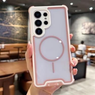Imagem de HJZSZX Capa transparente 2 em 1 à prova de choque com carregamento sem fio magnético e moldura contrastante para Galaxy S23 PLUS (para Galaxy S23 PLUS/rosa e branco)
