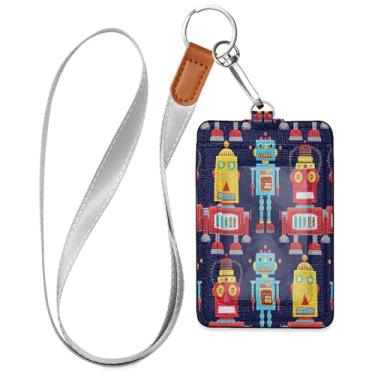 Imagem de Burbuja Porta-crachá de couro com cordão, etiqueta de identificação de robôs vintage com 1 janela transparente para identidade e 2 compartimentos para cartão para escritório, enfermeira, professor