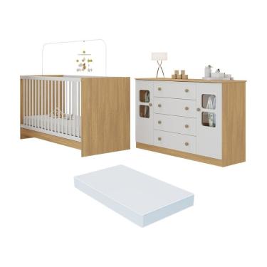Imagem de Berço 3 Em 1 Com Colchão Incluso E Cômoda 2 Portas 4 Gavetas Brisa Multimóveis MP4755 Madeirado-branco