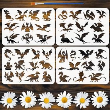 Imagem de FINGERINSPIRE 4 peças de estêncil de pintura de silhueta de dragão com pincel de tinta 21 x 29,7 cm modelo de desenho reutilizável com padrão de dragão A4 estêncil de plástico com tema animal para