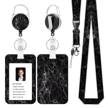 Imagem de Cordões de mármore preto para crachás de identificação, lindo suporte de crachá com clipe retrátil, etiqueta de nome de cartão de identificação, protetor vertical de cartão de identificação para