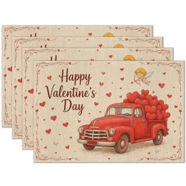 Imagem de HOMETITUTE Jogo americano de dia dos namorados conjunto de 4 tapetes de mesa com ilustração de caminhão e coração de 30,5 x 45,7 cm para jantar, roupa de cama, decoração de cozinha de fazenda, tapete