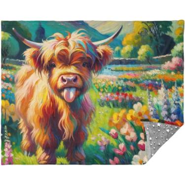 Imagem de TSENQUE Cobertores e mantas personalizados engraçados de vaca highland flores primavera para sofá cobertores leves para mulheres, cobertores e mantas cinza 177,8 cm x 139,7 cm