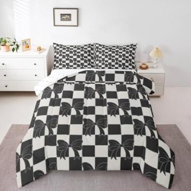 Imagem de Erosebridal Conjunto de edredom com laço preto e branco, aquarela, xadrez, laço, fita e laço, edredom moderno e estético para crianças, adolescentes e adultos