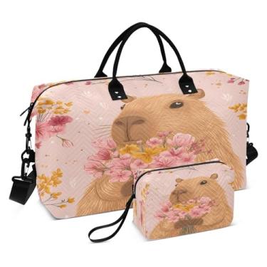 Imagem de CEBUGI Bolsa feminina acolchoada com flores Capibara, grande, bolsa de viagem de fim de semana, bolsas hospitalares para trabalho de parto e parto