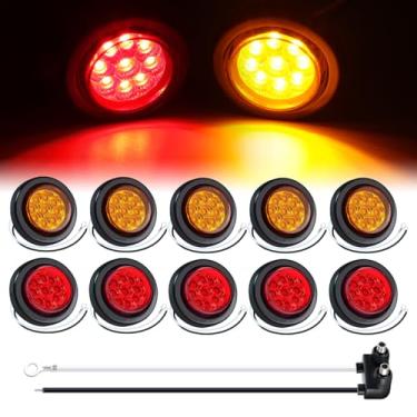 Imagem de TMH Pacote com 10 luzes redondas de 5 cm âmbar + 5 luzes de LED vermelhas com refletores de folga Pigtail Lights/w luz de marcação lateral à prova d'água selada de borracha para trailer de caminhão 12