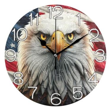 Imagem de GAIGEO Relógio de parede analógico decorativo relógio de cozinha rústico operado a pilha, decoração de parede retrô moderna art déco, bandeira americana majestosa águia calva, 25 cm, ponteiros