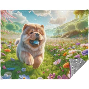 Imagem de Cobertor de pelúcia para cachorro Chow Chow floral de primavera personalizado 177,8 cm x 139,7 cm cobertor de sofá ao ar livre para homens mulheres verão sofá macio
