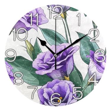 Imagem de GAIGEO Relógio de parede analógico de flores chiques branco roxo decorativo quarto cozinha relógio divertido alimentado por bateria, arte de parede boho decoração de casa, 25 cm, ponteiros dourados