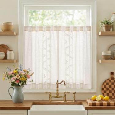 Imagem de jinchan Belrose Linen, cortinas florais de cozinha, 91,4 cm de comprimento, bordadas, fazenda, café, para sala de estar, banheiro, conjunto de cortinas de janelas pequenas, filtro de luz transparente