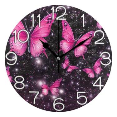 Imagem de GAIGEO Relógio de parede analógico decorativo redondo sem tique-taque silencioso quarto relógio de cozinha, decoração de parede de meados do século sala de estar, borboleta moderna floral rosa, 25 cm