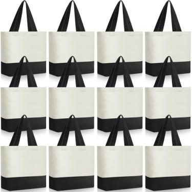 Imagem de Sanwuta Mini sacola de lona pequena sublimação em branco reutilizável sacola de pano de mercearia para mulheres artesanato faça você mesmo presente festa de compras (preto, bege)