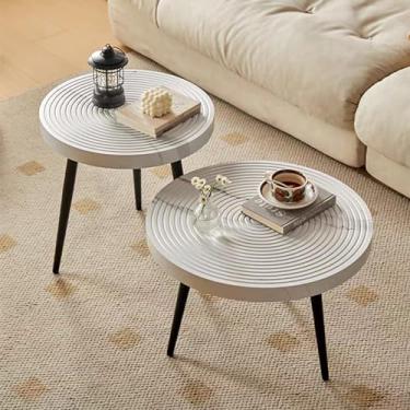 Imagem de Mesa de centro redonda, mesa de centro moderna conjunto de 2 superfícies de madeira com moldura de metal, mesa lateral pequena, mesa lateral para sala de estar, mesa central simples moderna (branca)