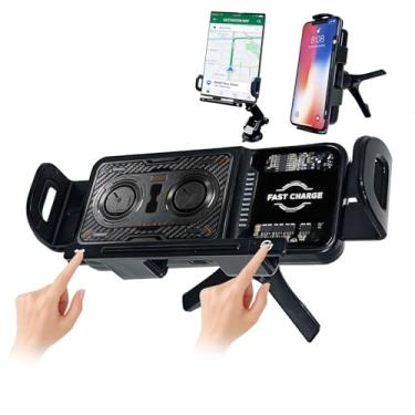 Imagem de Suporte de telefone para carro com rotação automática e carregador rápido sem fio de 15 W – Bateria embutida para controle de braço com um toque e rotação automática de 90°, luzes LED multicoloridas