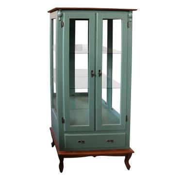 Imagem de Cristaleira Rústica De Madeira 2 Portas E 1 Gaveta - Pés Luiz Xv - Verde Kalle Laca Com Tampo E Base Imbuia Glazer