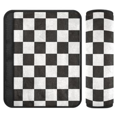 Imagem de QwThum Capa de cinto de segurança preta quadriculada 2 peças macias e fofas capas de cinto de segurança protetor de cabeça e pescoço alça de ombro para assentos de carro mochila para adultos crianças