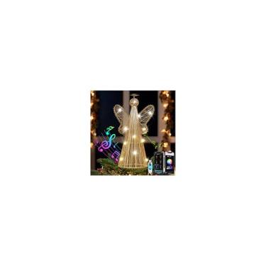 Imagem de Topo de árvore de anjo de Natal, anjo dourado 3D com luzes LED multicoloridas, controle inteligente de aplicativos e sincronização de música para decoração de mesa de casa interna