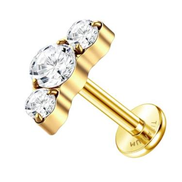 Imagem de ZELORES Brincos de cartilagem de titânio G23 com costas planas de 16 G para mulheres, piercing de tragus, roscado internamente, com costas planas, labret helix, concha, piercing, Titânio, Zircônia