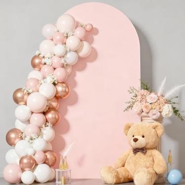 Imagem de Capa de fundo de arco rosa pálido de 1,88 m - Capas de poliéster com suporte de arco de casamento de topo redondo para decoração de fundo de festa de aniversário e banquete