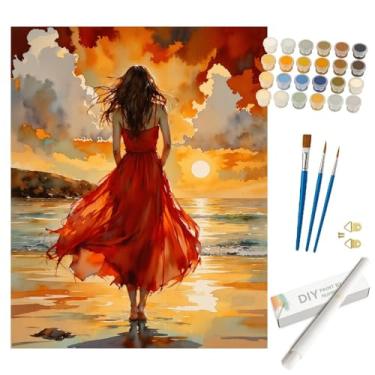 Imagem de Kit de pintura por números para adultos – DIY Mulher vestido vermelho ao pôr do sol pintura enrolada em tela 40,6 x 50 cm, conjunto de tinta acrílica, adequado para iniciantes, arte para decoração de