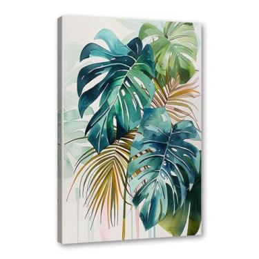 Imagem de Arte de parede de folhas tropicais – Impressão de folha de palmeira verde aquarela, pôster Monstera, decoração de plantas tropicais modernas para sala de estar em casa (SKU3,27.9x35.6 cm = (28 x 35 cm