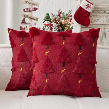 Imagem de Kevin Textile Capas de almofada para árvore de Natal 45,7 x 45,7 cm, conjunto de 2 fronhas bordadas com estrelas douradas cintilantes de pelúcia macia para sofá, sofá, festivais, presente de Natal