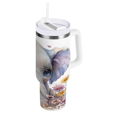Imagem de SEHANY Copo de elefante fofo de 1,134 g com alça, copo isolado de aço inoxidável de parede dupla à prova de vazamento, caneca de café isolada para viagem cabe no suporte de copo de carro