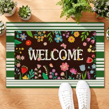 Imagem de Tinideya 2 peças de tapete de porta floral primavera flores coloridas bem-vindo antiderrapante tapetes de coco camadas de chão capachos sazonais para decoração de entrada da varanda da frente