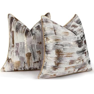 Imagem de HOSTECCO Capas de almofada abstratas 45,7 x 45,7 cm Conjunto de 2 fronhas de almofada jacquard cáqui douradas modernas decorativas para sofá-cama