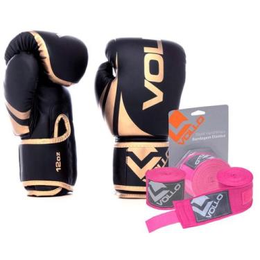 Imagem de Kit Boxe Vollo Luva 12oz Dourada + Bandagem 3M Rosa MuayThai