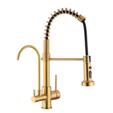 Imagem de GICASA Torneira de cozinha comercial 3 em 1 de ouro escovado com mola, pulverizador de furo único de arco alto, torneira de pia de cozinha, sistema RO torneira de filtro de água integrada à torneira