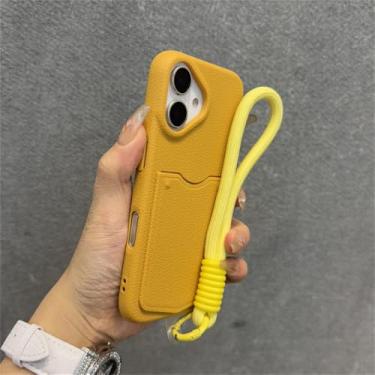 Imagem de Capa protetora estilo carteira com compartimento para cartão, alça de pulso e cordão para iPhone 16/15/14/13/12/11 Pro Max, amarela, para iPhone 16