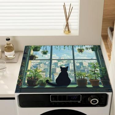 Imagem de Capas de lavadora e secadora de plantas de gato preto tapete protetor antiderrapante capa de máquina de lavar, almofada protetora de secagem rápida à prova de poeira para lavadora e secadora