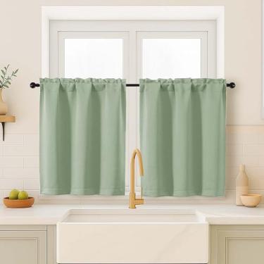 Imagem de OVZME Cortinas blecaute verde-claro para tratamento de janelas pequenas, cortinas curtas de janela de cozinha com bloqueio de luz sobre a pia, duas camadas de meia janela para porão de banheiro, 5 x