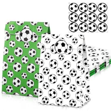 Imagem de MIMIND Pacote com 24 sacos de papel para lembrancinhas de futebol branco e verde com adesivos, sacos de presente de aniversário para suprimentos de festa com tema de futebol