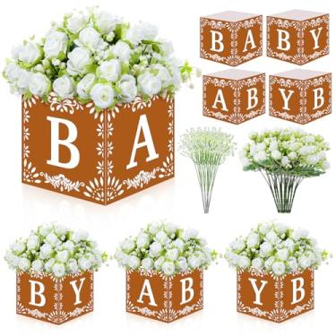 Imagem de Pajean 4 conjuntos de peças centrais de festa mexicana, 4 caixas de flores para chá de bebê Cinco de Mayo com 52 flores artificiais, decoração de mesa com recorte mexicano para chá de bebê