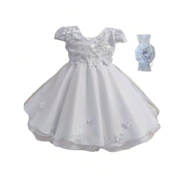 Imagem de Vestido Batizado Bebê Bordado Delicado Com Faixa de Cabelo - Lele Enca