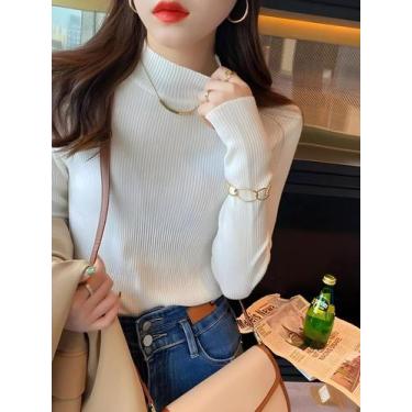 Imagem de Suéter Feminino Slim Fit De Tricô Para Outono Inverno Com Gola Alta Vi