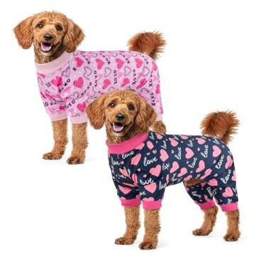 Imagem de Vehomy Pacote com 2 pijamas para cães de dia dos namorados fantasia de cachorro com padrões de coração de amor para animais de estimação, macacões, roupas de coração doce, pijamas para cães médios e
