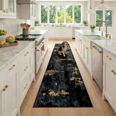 Imagem de RELEANY Tapetes laváveis 2x23 antiderrapantes modernos abstratos macios para sala de estar, entrada, quarto, berçário, padrão impresso, ouro preto escuro