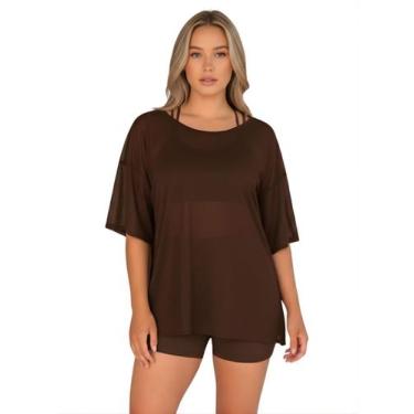 Imagem de Blusao Tule Feminina Manga Curta Fitness Academia Marrom Tamanho:Único