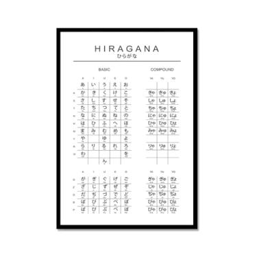 Imagem de Pôster do gráfico do alfabeto japonês Hiragana Katakana preto e branco pintura em tela educação aprender impressões escritório decoração sala de aula (SKU9,40.6x61.0 cm = (40x60cm), moldura de metal