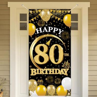 Imagem de Banner de porta de decoração de aniversário de 80 anos - 1 peça com glitter dourado preto feliz 80º aniversário decoração de porta banner para homens mulheres sinal de quintal cabine foto decoração