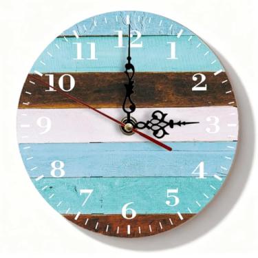 Imagem de Relógio de parede de madeira estilo retrô, silencioso, sem tique-taque, operado por bateria para sala de estar, quarto, cozinha – design rústico azul e branco, 19 cm