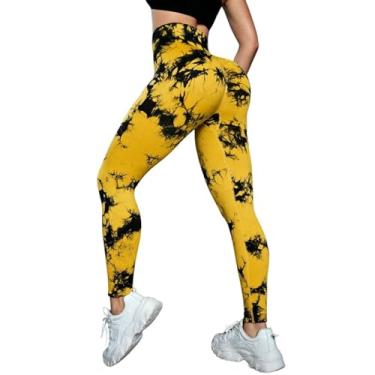 Imagem de tincolia Meia-calça feminina de ioga moderna tie dye, sem costura, alta elasticidade, controle de barriga, calça de corrida - amarelo-GG